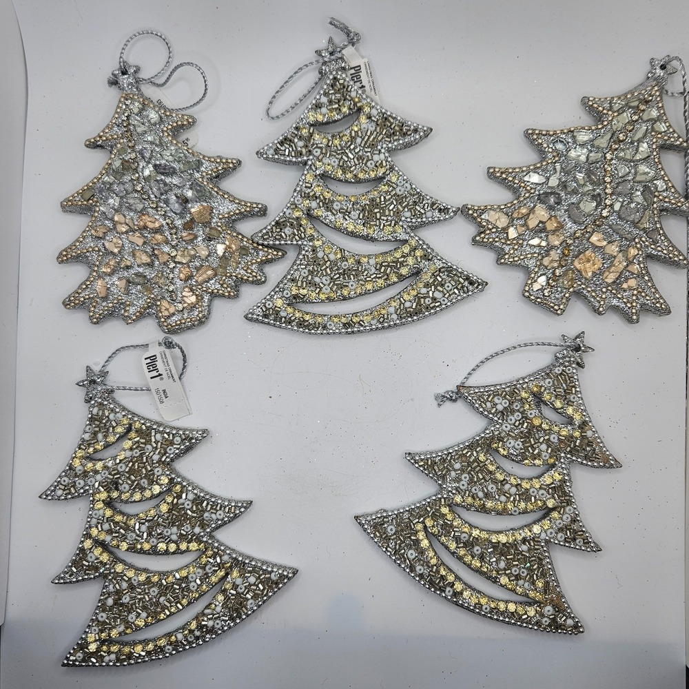 Lot of 5‎ Pier 1 Beaded Christmas Tree Ornaments Silver Gold Beads 5" Decor